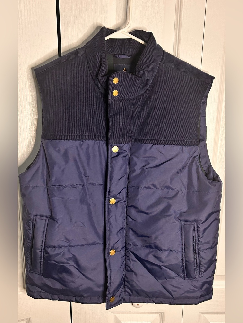 Brooks Brothers Quilted Vest Mens Large Navy Blue Collar Plaid Lined Pockets